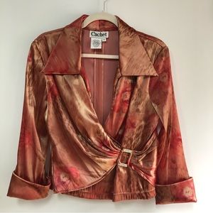 Cachet vintage 90’s Y2K satin orange multi print faux wrap top size 8 EUC
